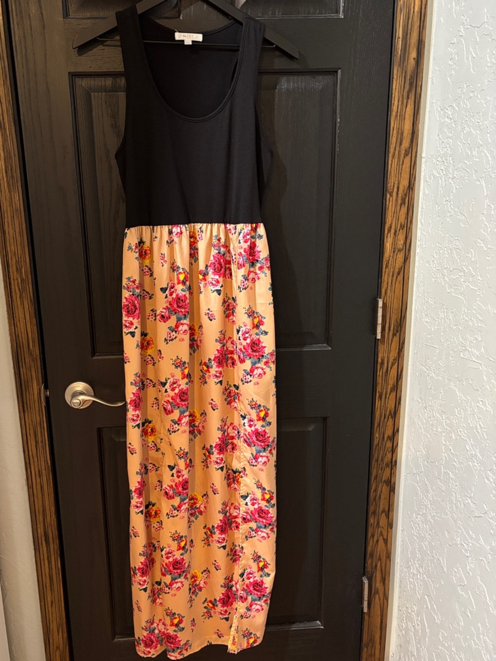 love, Fire Black Bodice Peach Floral Maxi Dress with Pink Rose Print